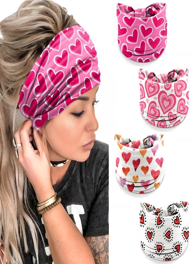 winthrop 4 Pcs Valentine's Day Headbands for Women, Pink Wide Turban Dress Up Costume Breathable Stretchy Non Slip Head Wrap, Love Heart Printed Pattern Holiday Fall Winter Hair Band for Yoga Running Party - Image 2